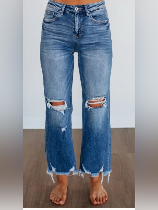Risen Jeans Denim - Risen | New high rise straight leg denim jeans Women’s size 13/31 distressed